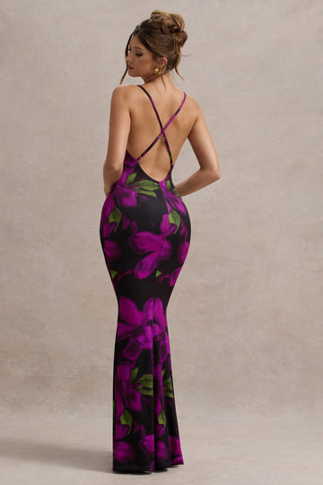 Lotus Purple Floral Print Cowl-Neck Maxi Dress